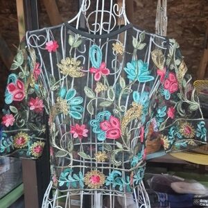 Floral Embroidered Sheer Cropped Blouse